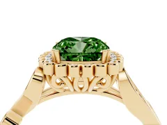 Fancy Green Cushion Cut Diamond Halo Ring Set in Yellow gold with Leaf Motif Split Shank and Prong Setting