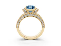 Fancy Blue Princess Cut Diamond Milgrain Halo Pavé Engagement Ring Set in Yellow gold with Prong Setting