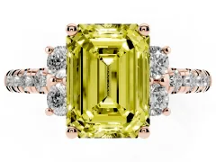 Fancy Yellow Emerald Cut Diamond Three-Stone Pavé Ring Set in Rose gold with Prong Setting