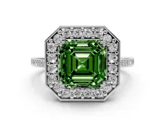 Fancy Green Asscher Cut Diamond Halo Ring Set in Platinum with Accent-Lined Split Shank and Prong Setting