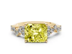 Fancy Yellow Radiant Cut Diamond Ring Set in Yellow gold with Scattered Round Accents