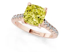 Fancy Yellow Cushion Cut Diamond Solitaire Ring Set in Rose gold with Brilliant Pavé Band and Prong Setting