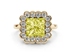 Fancy Yellow Princess Cut Diamond Halo Cluster Engagement Ring Set in Yellow gold with Solitaire Band and Prong Setting