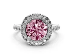 Fancy Pink Round Cut Diamond Halo Ring Set in Silver with Pavé Shank and Prong Setting