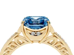 Fancy Blue Asscher Cut Diamond Halo Ring Set in Yellow gold with Channel Set Band and Prong Setting