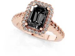 Fancy Black Radiant Cut Diamond Halo Ring Set in Rose gold with Pavé Milgrain Band