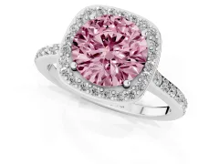 Fancy Pink Round Cut Diamond Halo Engagement Ring Set in Silver with Round Pavé Shoulders and Heart Gallery