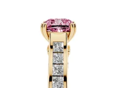 Fancy Pink Cushion Cut Diamond Channel Set Solitaire Engagement Ring Set in Yellow gold with Prong Setting