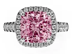 Fancy Pink Cushion Cut Diamond Halo Engagement Ring Set in Silver with Pavé Band and Prong-Set Center