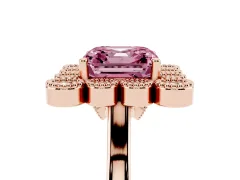 Fancy Pink Asscher Cut Diamond Cluster Halo Ring Set in Rose gold with Milgrain Bezel Accents and Plain Band