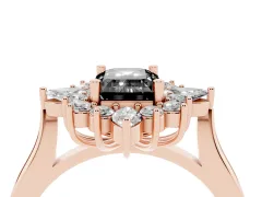 Fancy Black Emerald Cut Diamond Cluster Halo Ring Set in Rose gold with Marquise and Round Accents