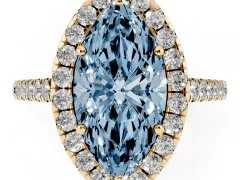 Fancy Blue Marquise Cut Diamond Halo Pavé Engagement Ring Set in Yellow gold with Prong Setting
