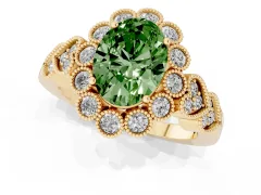 Fancy Green Oval Cut Diamond Solitaire Ring Set in Yellow gold with Milgrain Pavé Heart Band