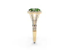 Fancy Green Oval Cut Diamond Halo Split Shank Pavé Ring Set in Yellow gold with Prong Setting