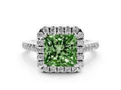 Fancy Green Princess Cut Diamond Halo Pavé Engagement Ring Set in White gold with Prong Setting