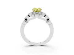 Fancy Yellow Oval Cut Diamond Solitaire Ring Set in White gold with Milgrain Pavé Heart Band
