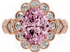Fancy Pink Oval Cut Diamond Solitaire Ring Set in Rose gold with Milgrain Pavé Heart Band