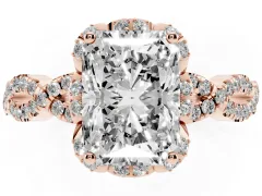 Radiant Cut Diamond Halo Twist Band Solitaire Ring Set in Rose gold with Prong-Set Center Stone