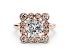 Cushion Cut Diamond Cluster Halo Ring Set in Rose gold with Milgrain Bezel Accents and Plain Band