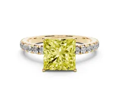 Fancy Yellow Princess Cut Diamond Pavé Solitaire Engagement Ring Set in Yellow gold with Prong Setting