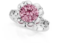 Fancy Pink Round Cut Diamond Floral Halo Ring Set in Silver with Shared Prong Band