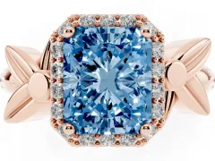 Fancy Blue Radiant Cut Diamond Halo Floral Band Ring Set in Rose gold with Prong Setting
