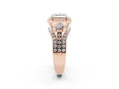 Asscher Cut Diamond Halo Split Shank Ring Set in Rose gold with Round Accent Stones and Prong Setting
