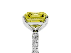Fancy Yellow Asscher Cut Diamond Solitaire Engagement Ring Set in White gold with Round Pavé Band and Prong Setting