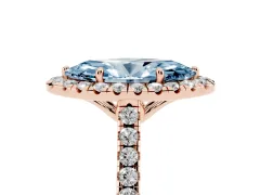Fancy Blue Marquise Cut Diamond Pavé Halo Engagement Ring Set in Rose gold with Pavé Band and Prong Setting