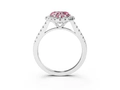 Fancy Pink Heart Cut Diamond Pavé Halo Engagement Ring Set in White gold with Pavé Band and Prong Setting