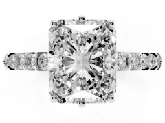 Radiant Cut Diamond Solitaire Engagement Ring Set in Silver with Pavé Band and Prong Setting