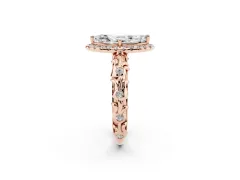 Marquise Cut Diamond Halo Ring Set in Rose gold with Filigree Leaf Band and Prong Setting