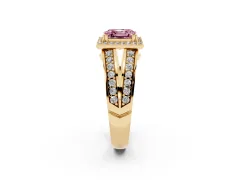 Fancy Pink Asscher Cut Diamond Halo Ring Set in Yellow gold with Double Pavé Split Shank