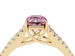 Fancy Pink Emerald Cut Diamond Split Shank Pavé Engagement Ring Set in Yellow gold with Prong-Held Center Stone