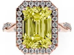 Fancy Yellow Emerald Cut Diamond Halo Twist Band Solitaire Ring Set in Rose gold with Prong Setting