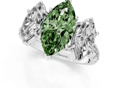 Fancy Green Marquise Cut Diamond Three-Stone Ring Set in Silver with Pavé Band