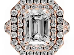 Emerald Cut Diamond Double Halo Ring Set in Rose gold with Pavé Split Shank and Prong Setting