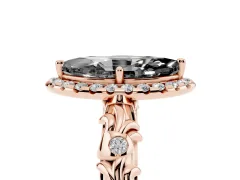Fancy Black Marquise Cut Diamond Halo Ring Set in Rose gold with Filigree Leaf Band and Prong Setting