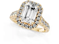 Emerald Cut Diamond Halo Engagement Ring Set in Yellow gold with Pavé Band and Prong-Set Center