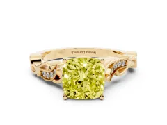 Fancy Yellow Cushion Cut Diamond Vine Band Solitaire Ring Set in Yellow gold with Milgrain Prong Setting