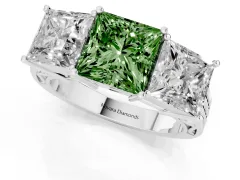 Fancy Green Princess Cut Diamond Three-Stone Ring Set in White gold with Textured Band