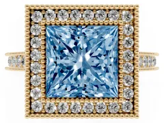 Fancy Blue Princess Cut Diamond Halo Milgrain Pavé Band Ring Set in Yellow gold with Prong Setting