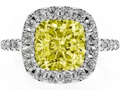 Fancy Yellow Cushion Cut Diamond Pavé Halo Ring Set in White gold with Prong Setting