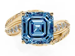 Fancy Blue Asscher Cut Diamond Solitaire Ring Set in Yellow gold with Layered Twist Pavé Band