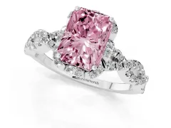 Fancy Pink Radiant Cut Diamond Halo Twist Band Solitaire Ring Set in Platinum with Prong-Set Center Stone