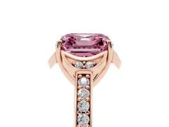 Fancy Pink Asscher Cut Diamond Halo Ring Set in Rose gold with Channel Set Band and Prong Setting