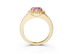 Fancy Pink Heart Cut Diamond Pavé Halo Ring Set in Yellow gold with Prong Setting