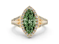 Fancy Green Marquise Cut Diamond Halo Split Shank Pavé Ring Set in Yellow gold with Prong Setting