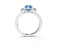 Fancy Blue Cushion Cut Diamond Three-Stone Ring Set in White gold with Pavé Band and Graduated Sides