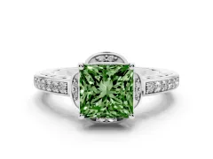 Fancy Green Princess Cut Diamond Halo Ring Set in Platinum with Channel Set Band and Prong Setting